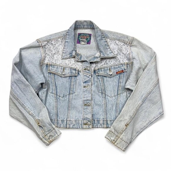 Vintage Jordache Women’s Large Cropped Denim Jacket Acid‎ Wash Y2K Lace - Picture 1 of 6